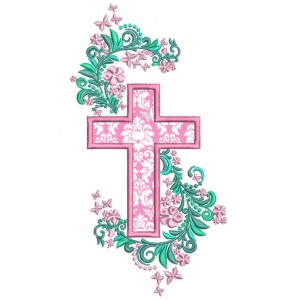 Cross With Beautiful Ornamental Flowers Applique Machine Embroidery Design Digitized Pattern